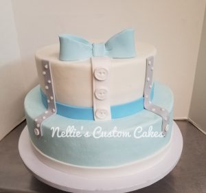 Baby bow suspenders and bow tie tierd cake -