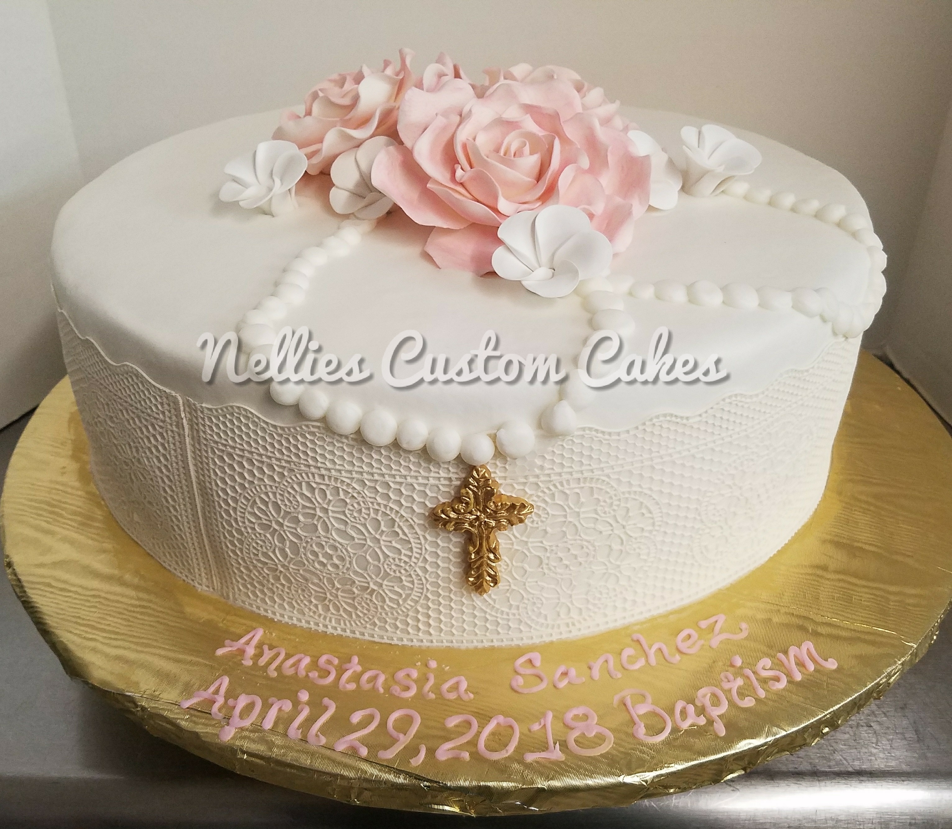 Lace and flowers christening cake - Nellie's Custom Cakes, Kansas City