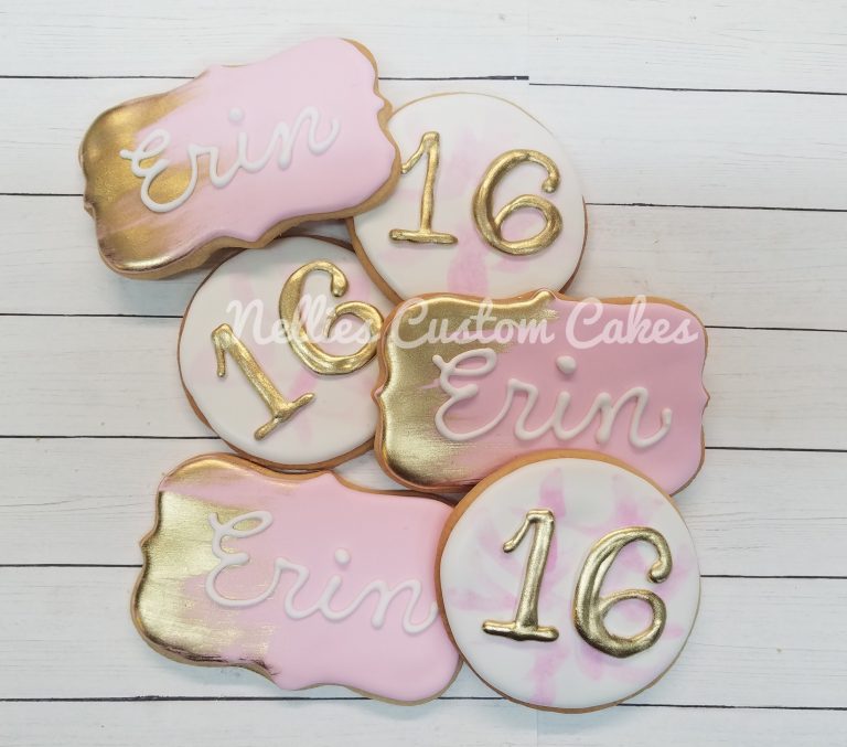 Gold pink 16th birthday, designer cookies, royal icing, custom cookies, fresh baked - Kansas City