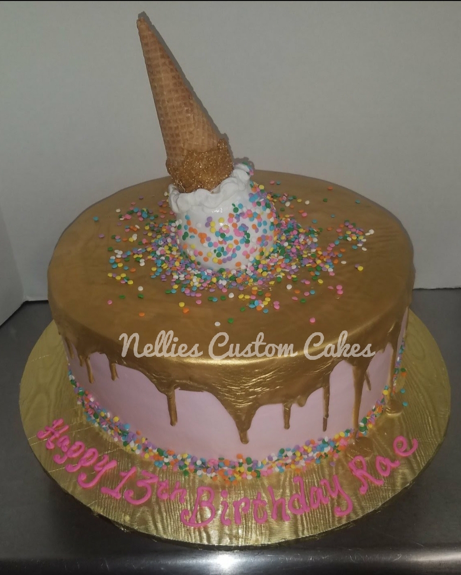 Gold drip ice cream cone buttercream cake  - Nellie's Custom Cakes, Kansas City